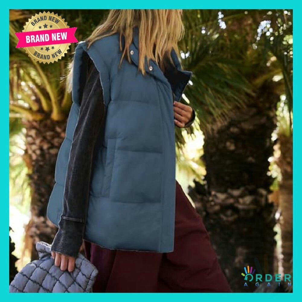 Oversized Puffer Vest Stand Collar Full Zip Sleeveless Quilted Warm Coat - Picture 4 of 7
